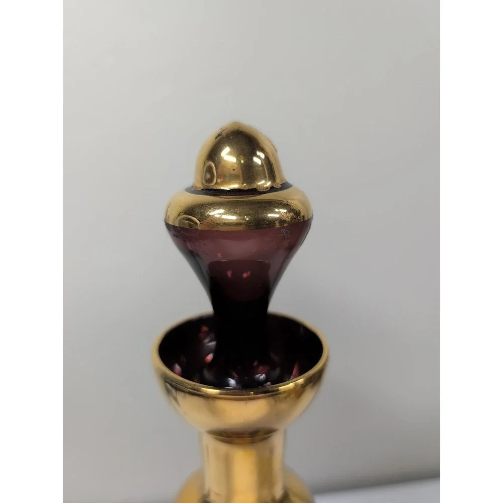 Vtg Purple‎ Amethyst Bohemian Czech Glass Hand Painted Floral 11in